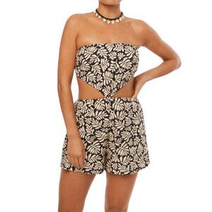 Weworewhat Strapless Romper Linen Blend Womens XS Black Safari Leaves NEW NWT